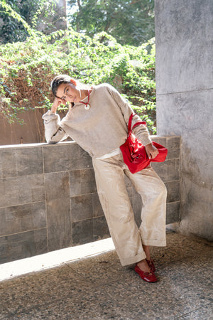 Embroidered Gabardine Pants in Beige