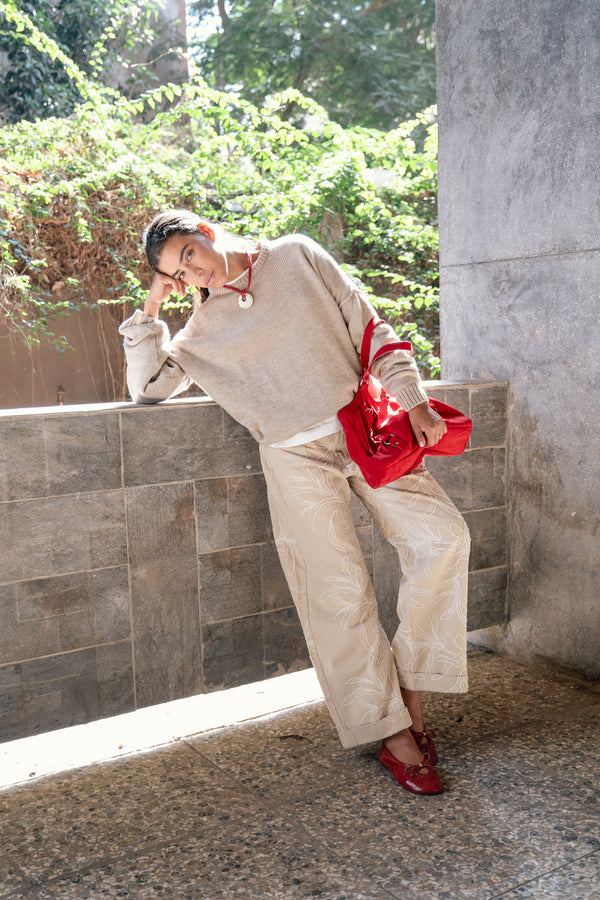 Embroidered Gabardine Pants in Beige
