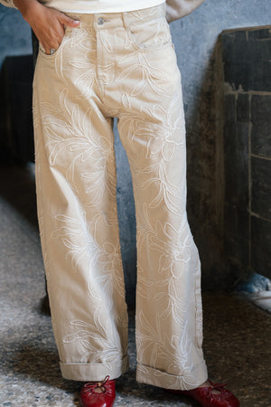 Embroidered Gabardine Pants in Beige