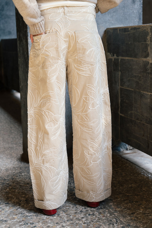 Embroidered Gabardine Pants in Beige