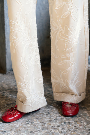 Embroidered Gabardine Pants in Beige