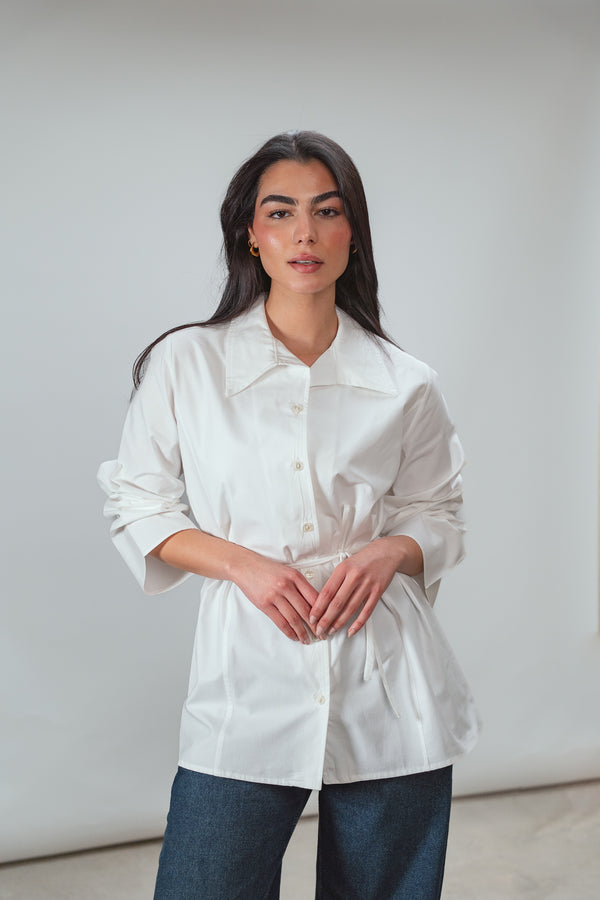 Belted Poplin Shirt in White