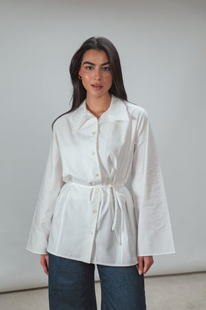 Belted Poplin Shirt in White