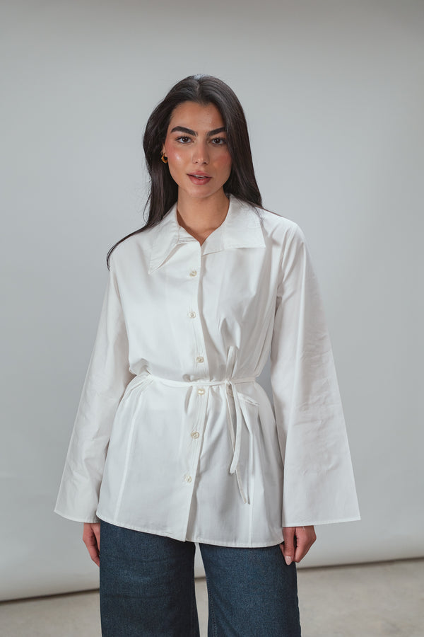 Belted Poplin Shirt in White