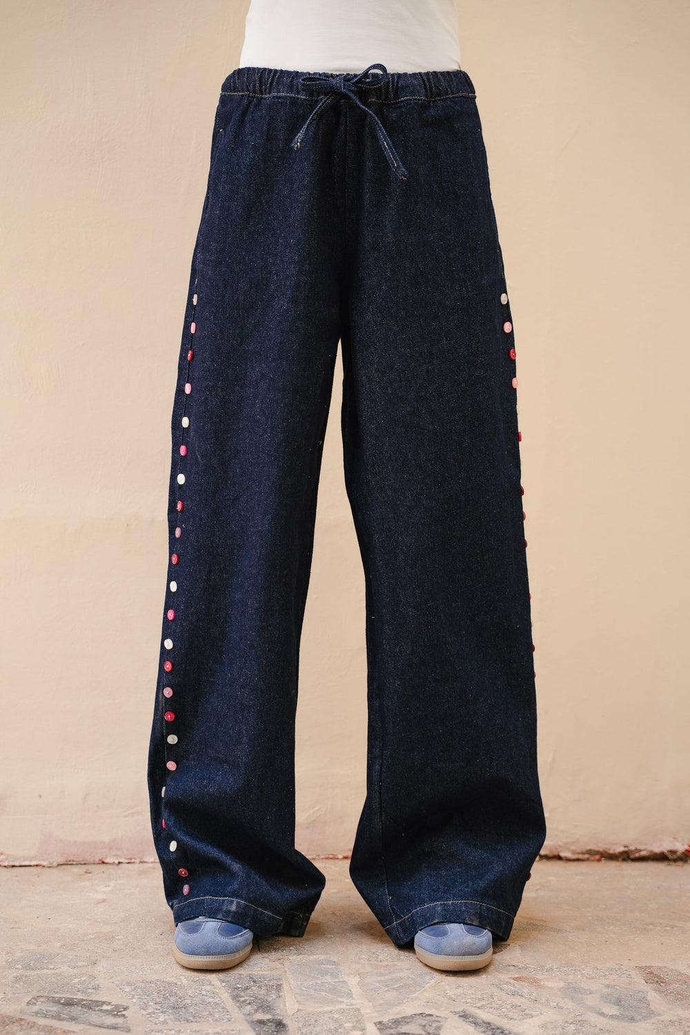Drawstring Denim Pants with Side Button Details
