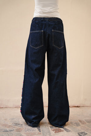 Drawstring Denim Pants with Side Button Details