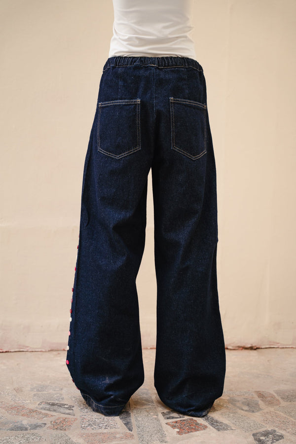 Drawstring Denim Pants with Side Button Details