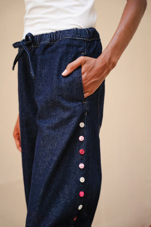 Drawstring Denim Pants with Side Button Details
