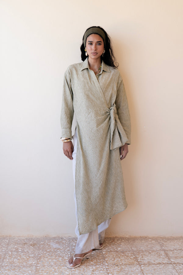 Long Wrap Shirt in Olive