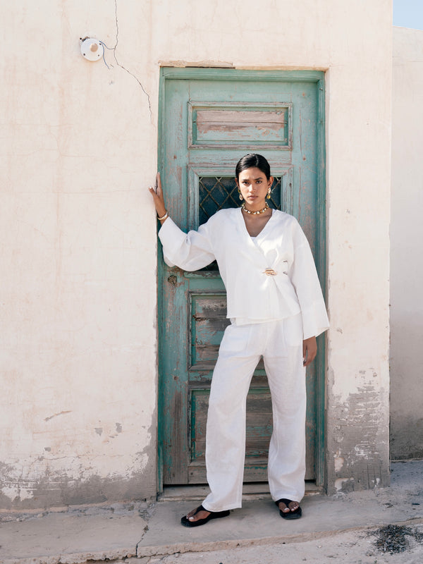 Linen Crossover Kimono in White