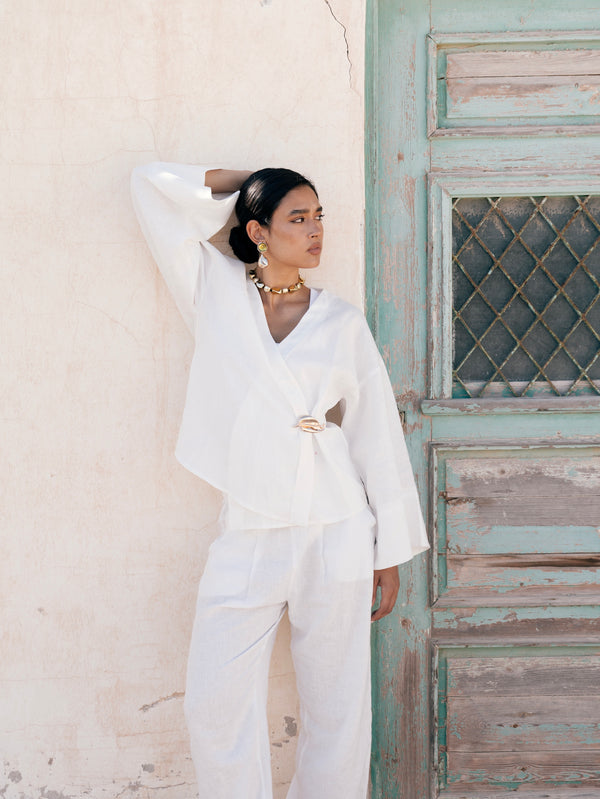 Linen Crossover Kimono in White