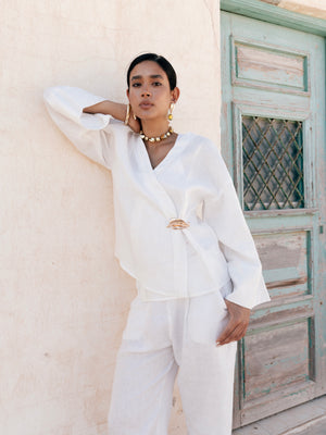 Linen Crossover Kimono in White