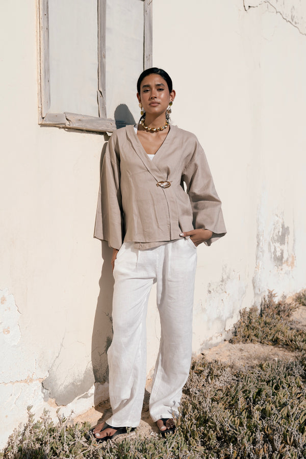 Linen Crossover Kimono in Cafe