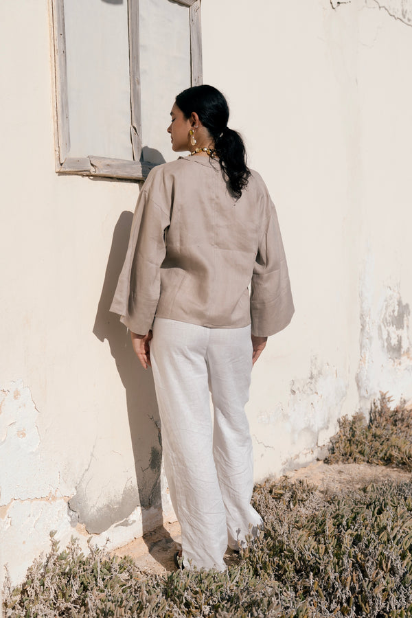 Linen Crossover Kimono in Cafe