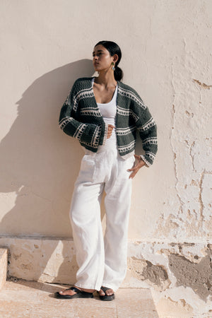 striped cropped oversized cardigan in Olive