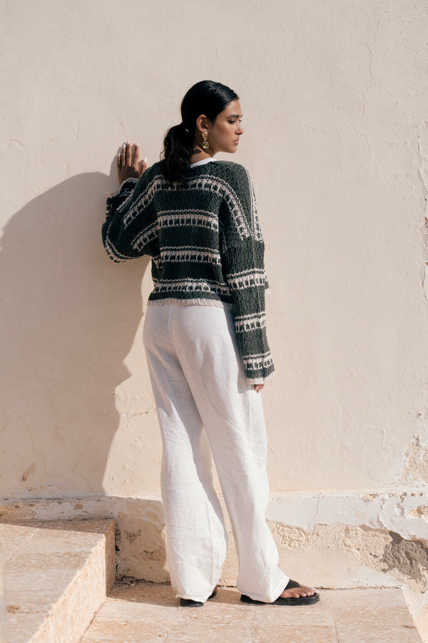 striped cropped oversized cardigan in Olive