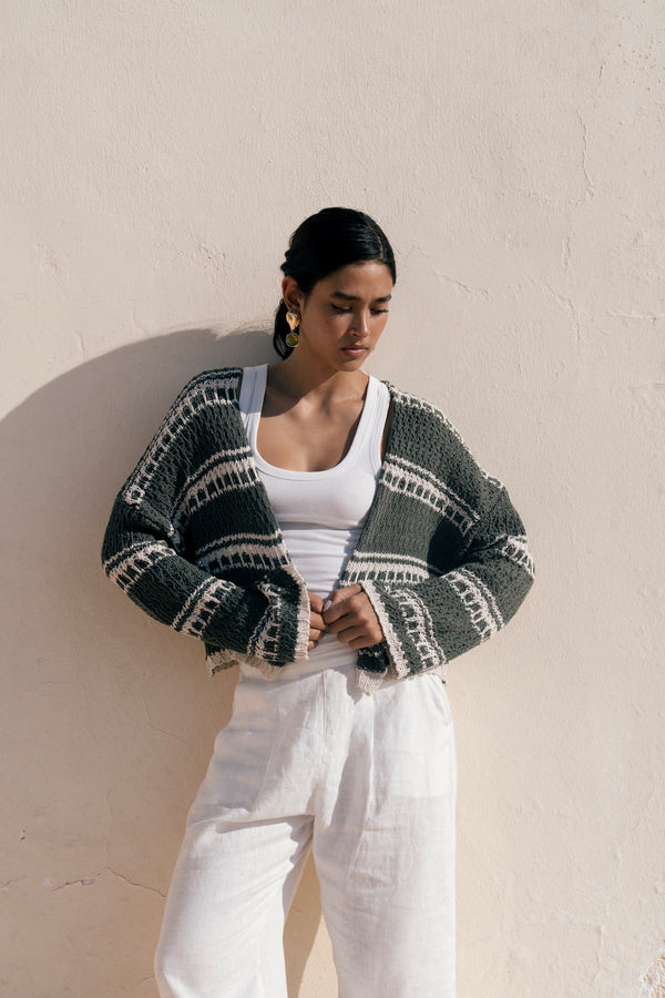 striped cropped oversized cardigan in Olive