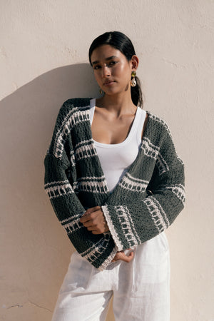 striped cropped oversized cardigan in Olive