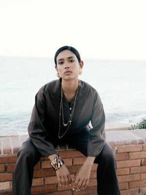 Linen Overskirt Wrap Blouse in Brown