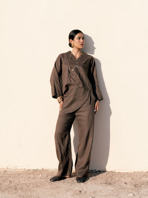 Linen Overskirt Wrap Pants in Brown