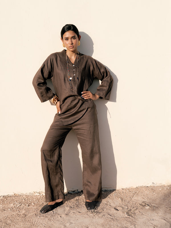 Linen Overskirt Wrap Pants in Brown