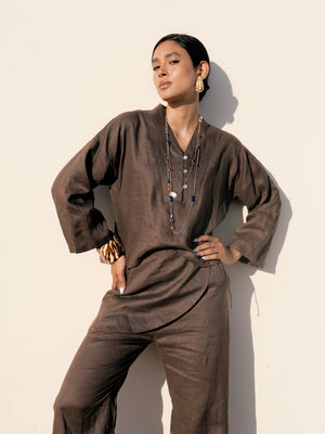 Linen Overskirt Wrap Blouse in Brown