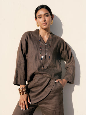 Linen Overskirt Wrap Blouse in Brown