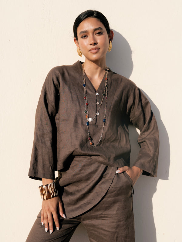 Linen Overskirt Wrap Blouse in Brown