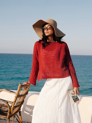 Boat Neck Crochet Top in Red