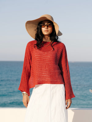 Boat Neck Crochet Top in Red