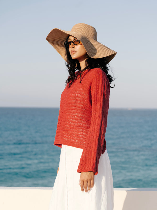 Boat Neck Crochet Top in Red