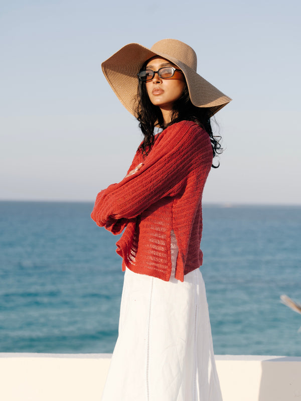 Boat Neck Crochet Top in Red