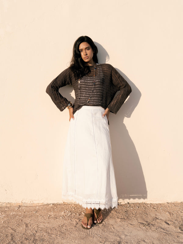 Boat Neck Crochet Top in Brown