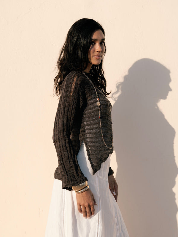 Boat Neck Crochet Top in Brown