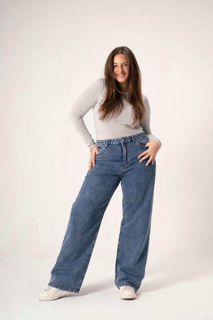 Wide Leg Denim Pants in Dark Blue