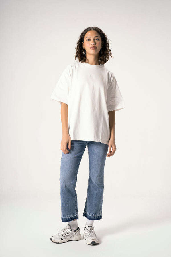 Raw-Hem Cropped Flare Jeans Pants in Dark Blue