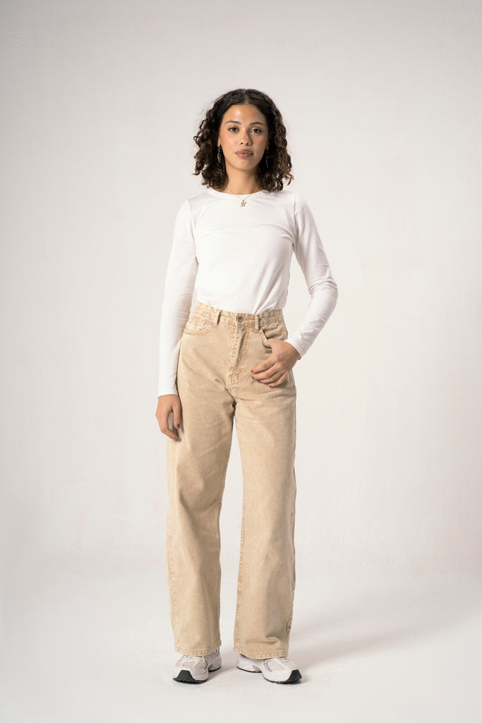 Wide Leg Denim Pants in Beige