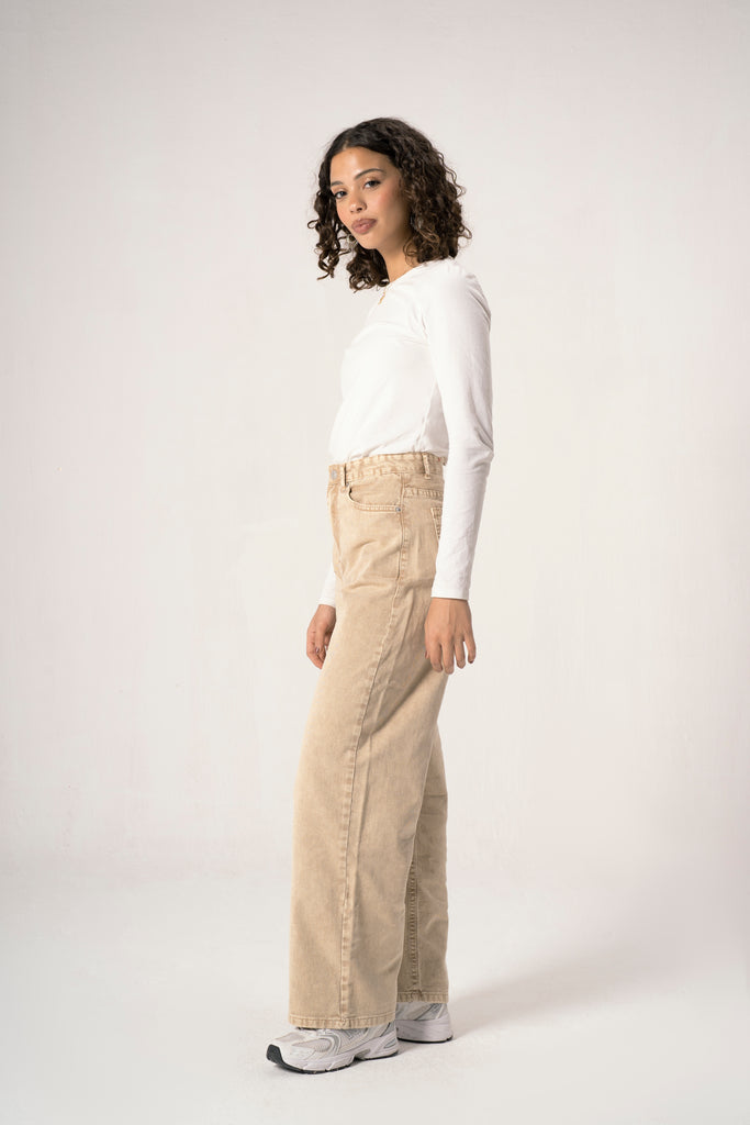 Wide Leg Denim Pants in Beige