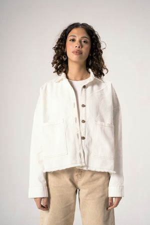 Raw-Hem Denim Jacket in Off-White