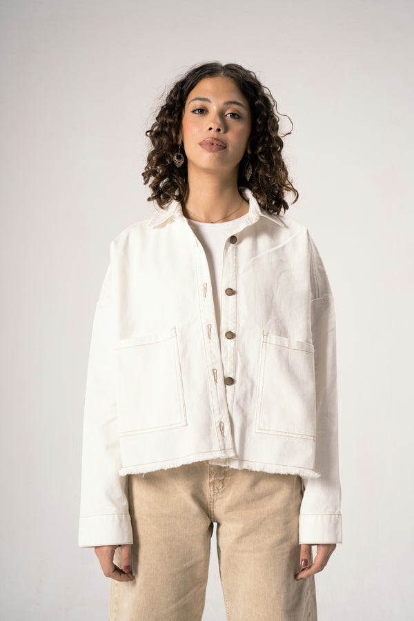 Raw-Hem Denim Jacket in Off-White