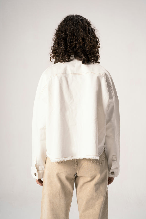 Raw-Hem Denim Jacket in Off-White