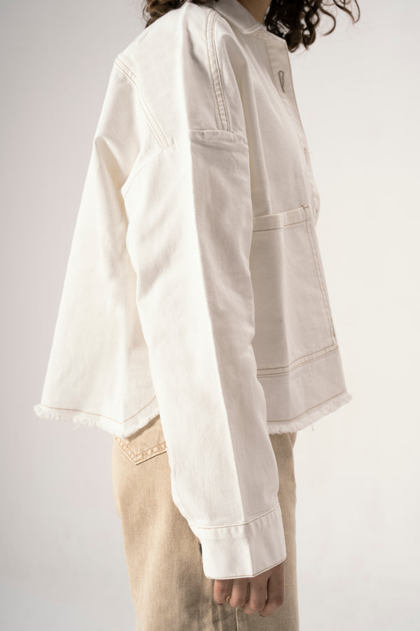 Raw-Hem Denim Jacket in Off-White