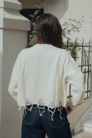 Fringed Sweater in Off White