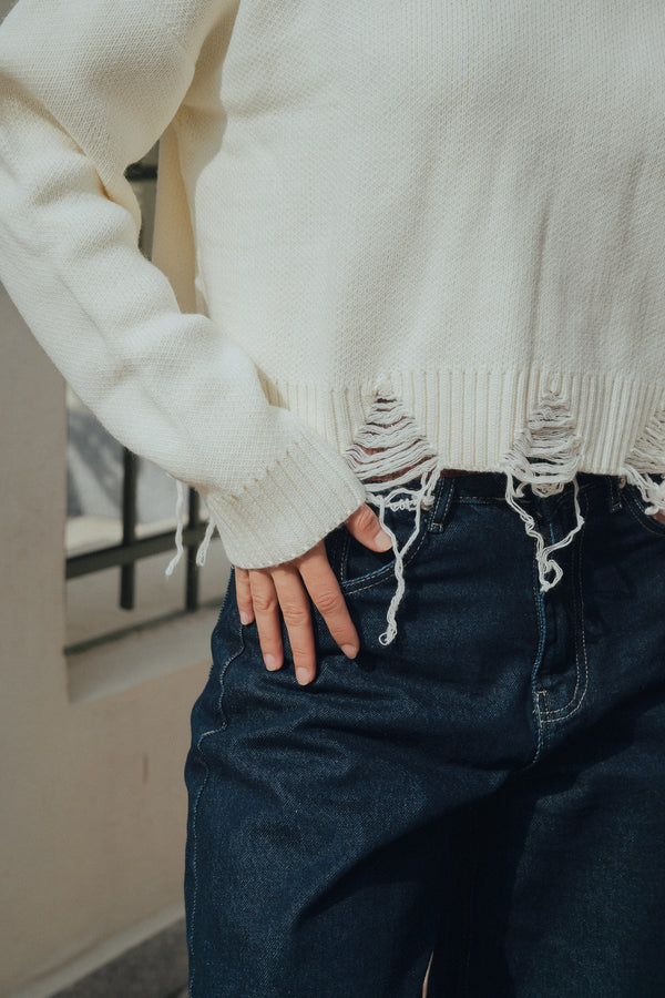 Fringed Sweater in Off White