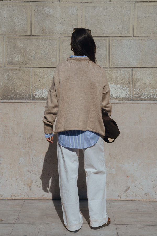 Long Line Knit Jumper in Beige