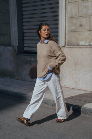 Long Line Knit Jumper in Beige