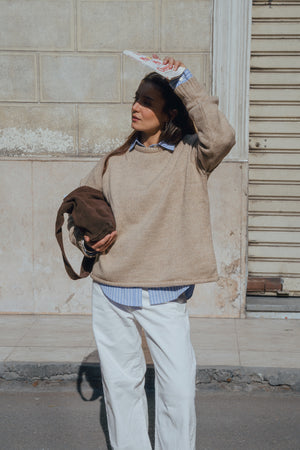 Long Line Knit Jumper in Beige