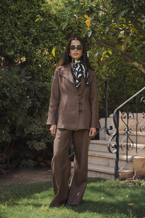 Mandarin Linen Blazer in Brown