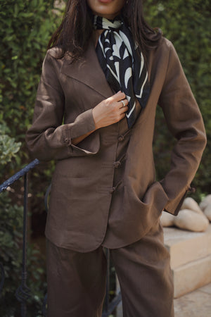 Mandarin Linen Blazer in Brown