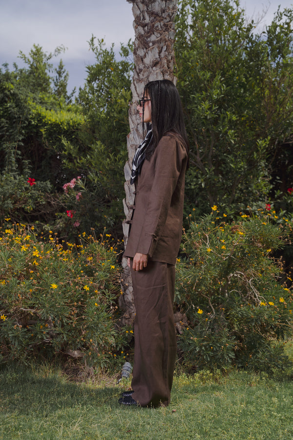 Mandarin Linen Blazer in Brown